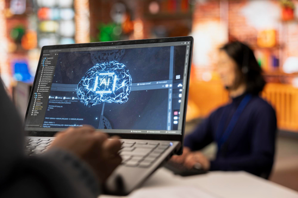 Cybersecurity professional working on AI-powered threat detection displayed on a laptop screen, showcasing digital brain and secure coding environment.