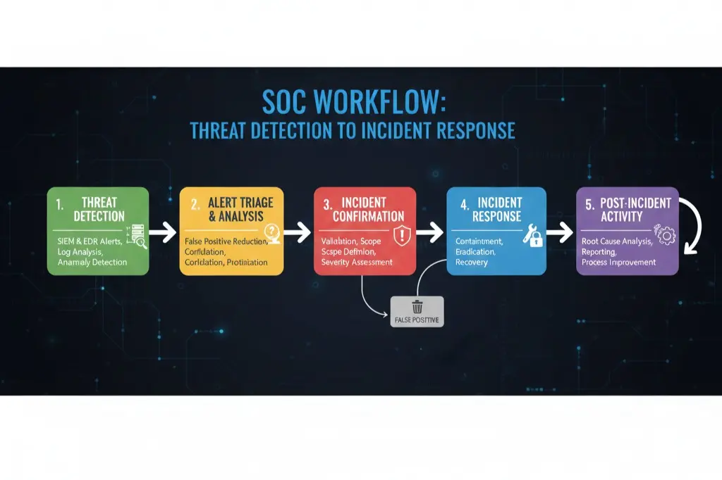 SOC analyst workflow from threat detection through SIEM tools to incident response and remediation