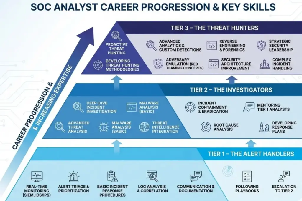 SOC analyst career tiers from monitoring specialist to threat hunter with required SIEM tool skills
