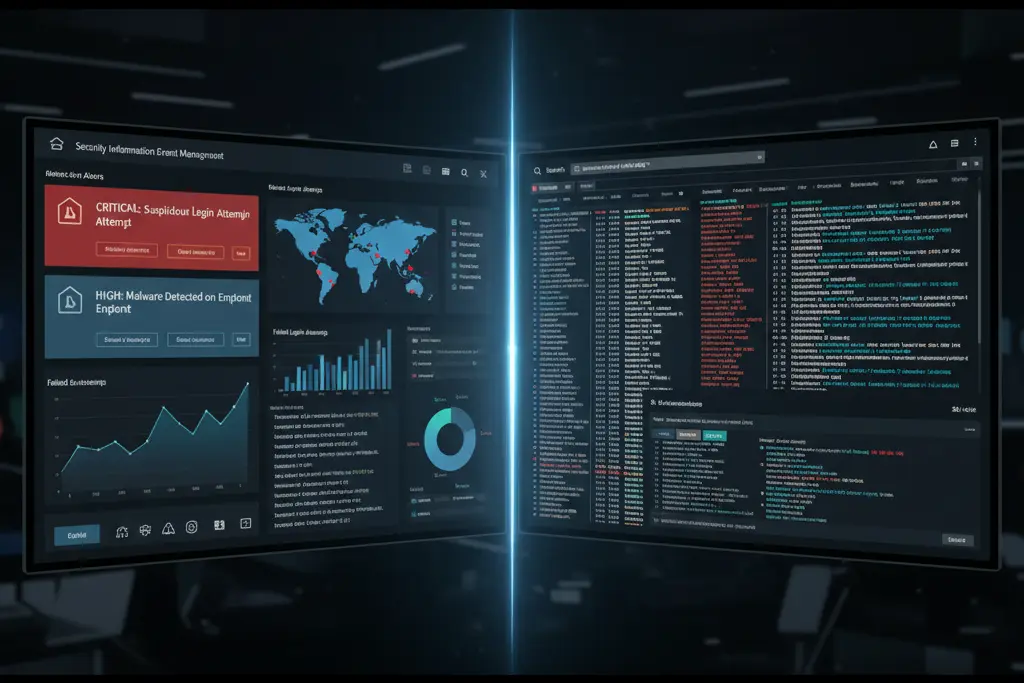 Splunk and Elastic Stack SIEM platforms showing real-time security monitoring in SOC analyst training