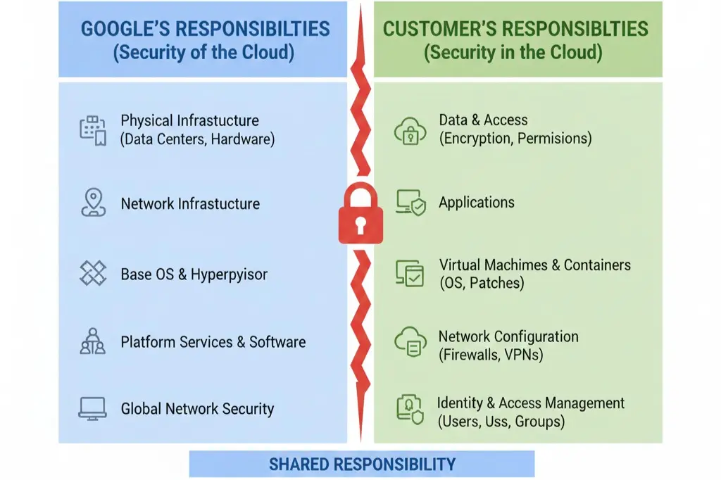 Google Cloud security shared responsibility model diagram for GCP training