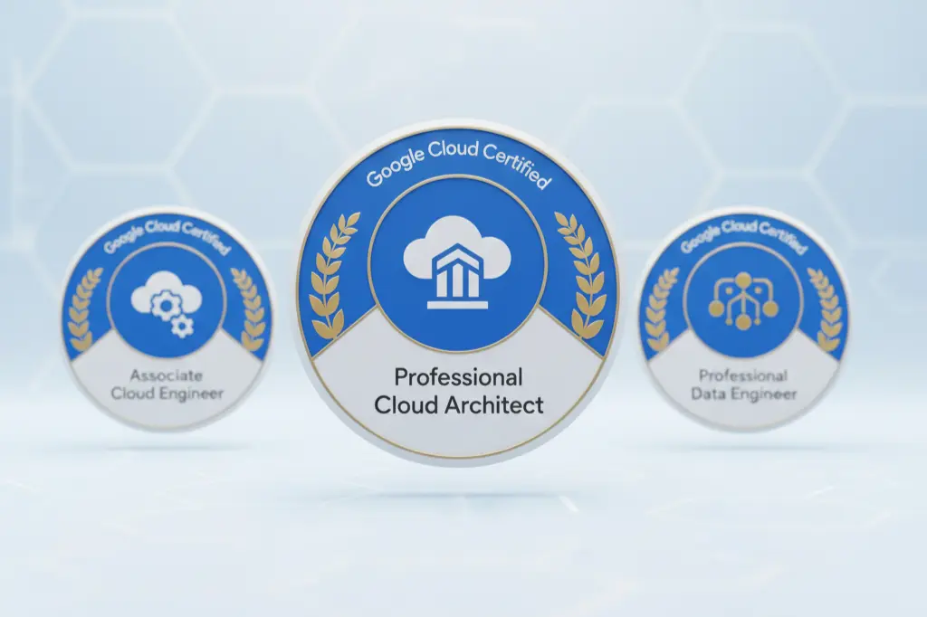 Google Cloud certification badges for associate and professional level certifications