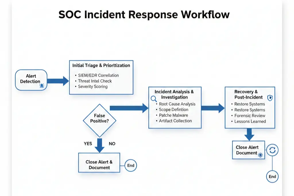 SOC analyst training workflow diagram showing threat detection and incident response process