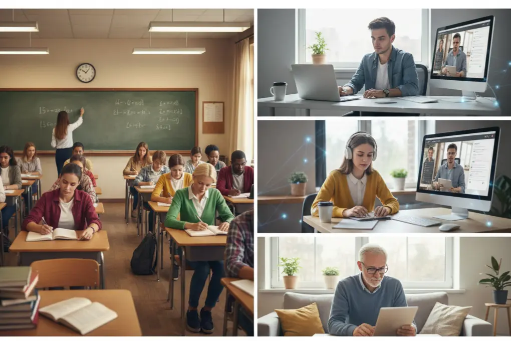 Comparison of online AI training for beginners versus traditional classroom learning.