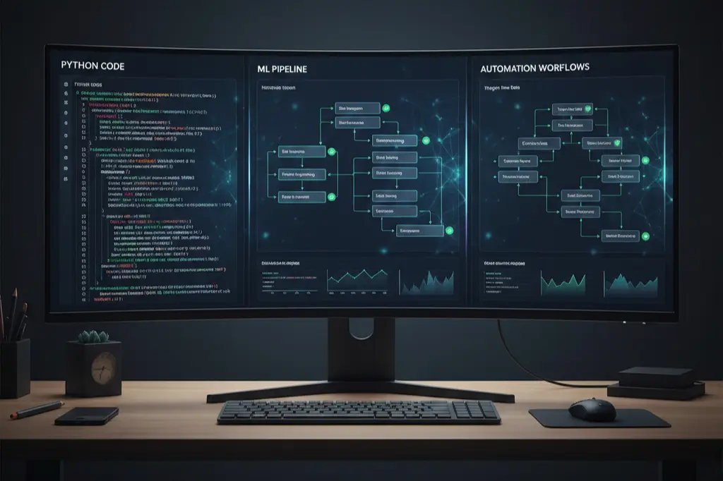 AI automation tools including Python, machine learning pipelines, and workflow platforms