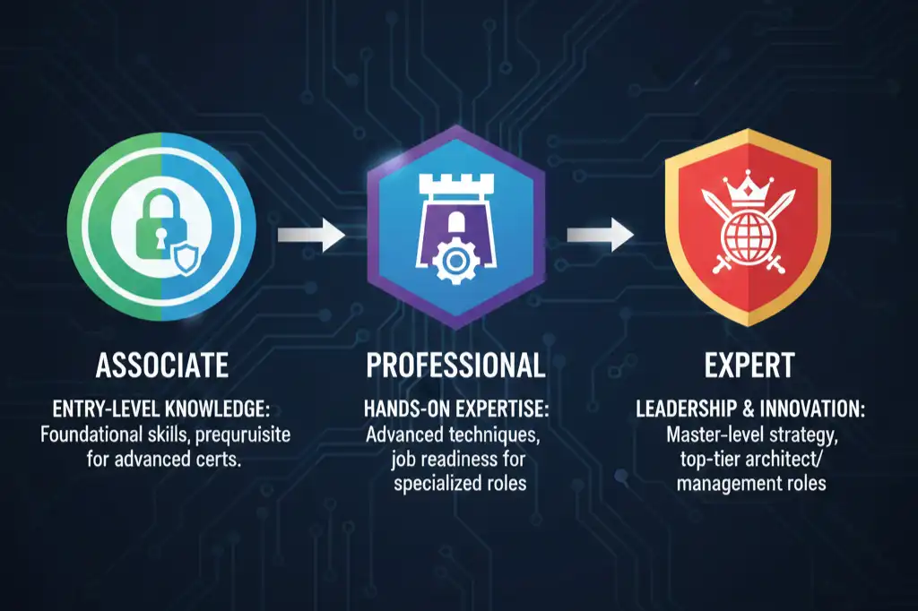 AWS certification pathway from Cloud Practitioner to Security Specialty showing career progression for cloud security professionals