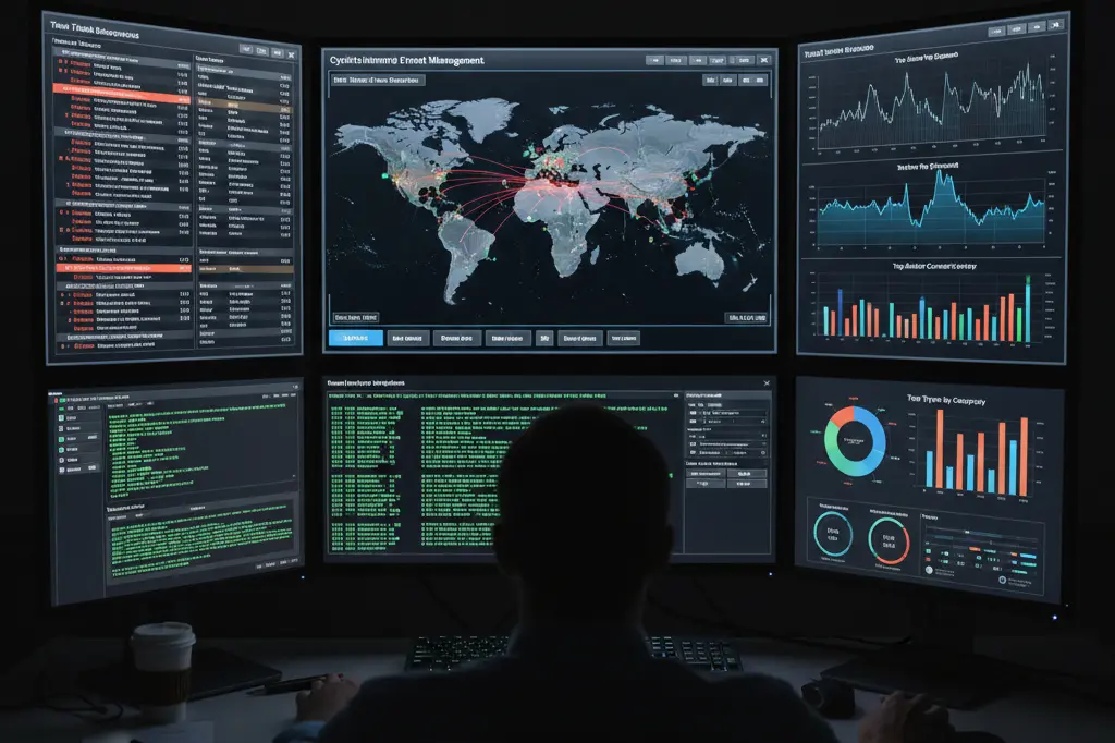 Real-time SIEM dashboard used in SOC analyst training showing security alerts and threat monitoring