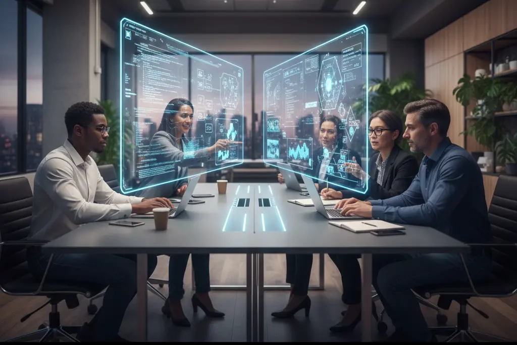 Successful AI automation professionals working together after placement support training