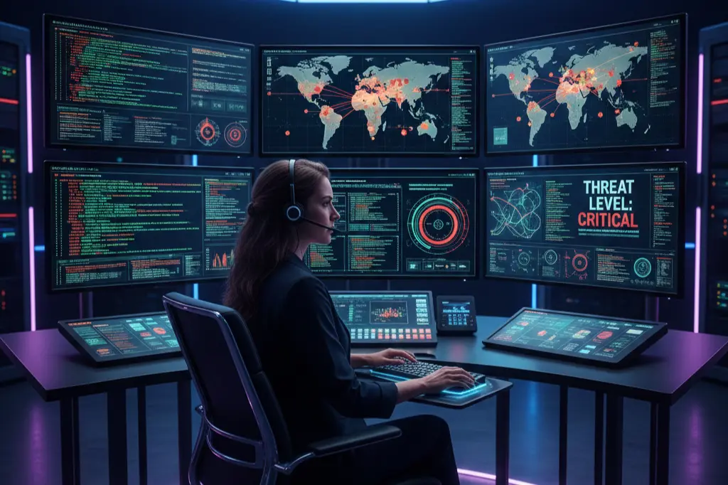 Professional SOC analyst monitoring cybersecurity threats on SIEM dashboard during hands-on training